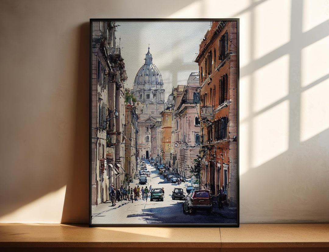 Rome Italy watercolor wall art in a black frame captures a classic street view leading toward St. Peter's Basilica with refined artistic detail.