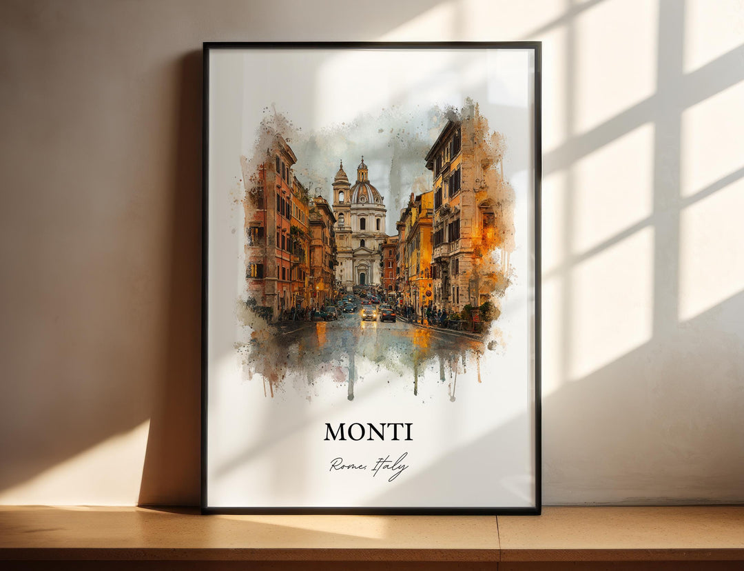 Monti Rome Italy watercolor wall art in a black frame captures the neighborhood&