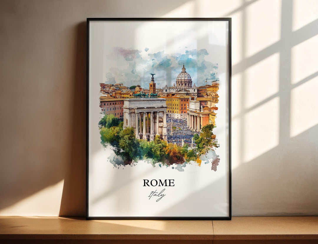Rome Italy watercolor wall art in a black frame showcases iconic city views with vibrant architectural beauty for elegant home décor.