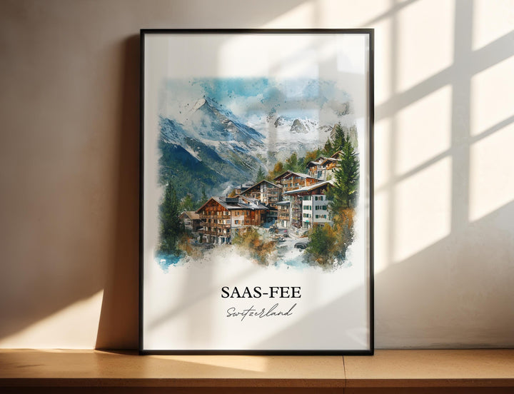 Snow-capped peaks above chalet rooftops.