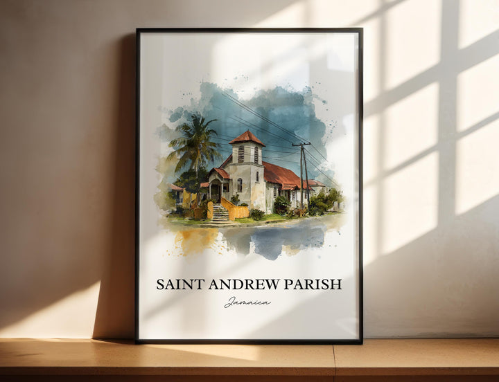 Saint Andrew Parish Jamaica watercolor wall art in a black frame featuring a charming historic church, palm trees, and tropical island scenery.