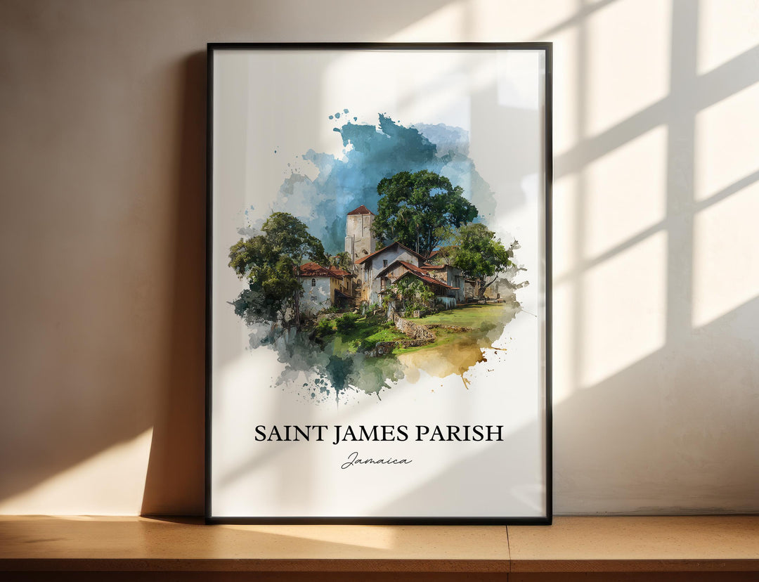 Saint James Parish Jamaica watercolor wall art in a black frame featuring a historic village, lush tropical trees, and vibrant island scenery.