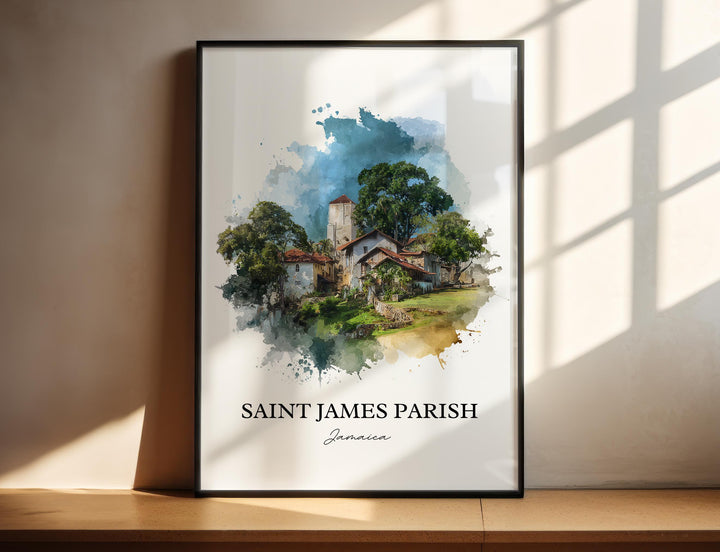 Saint James Parish Jamaica watercolor wall art in a black frame featuring a historic village, lush tropical trees, and vibrant island scenery.