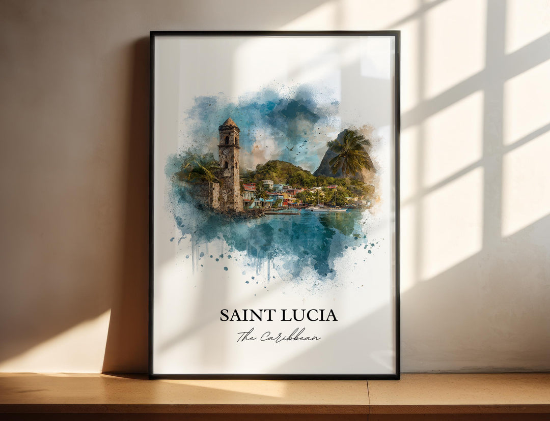 Watercolor Saint Lucia Caribbean wall art in a black frame featuring a historic waterfront, tropical harbor, and the iconic Pitons, a vibrant island print.