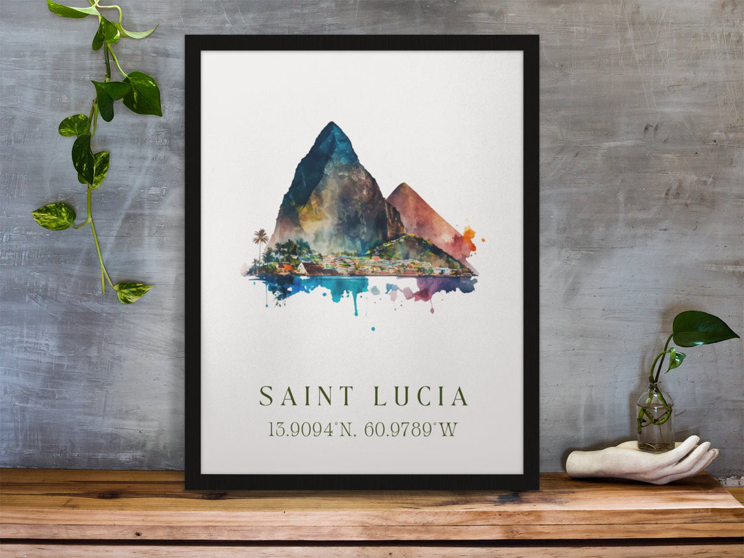 Watercolor Saint Lucia Pitons wall art in a black frame featuring the iconic twin volcanic peaks and a colorful Caribbean waterfront, a tropical island print.