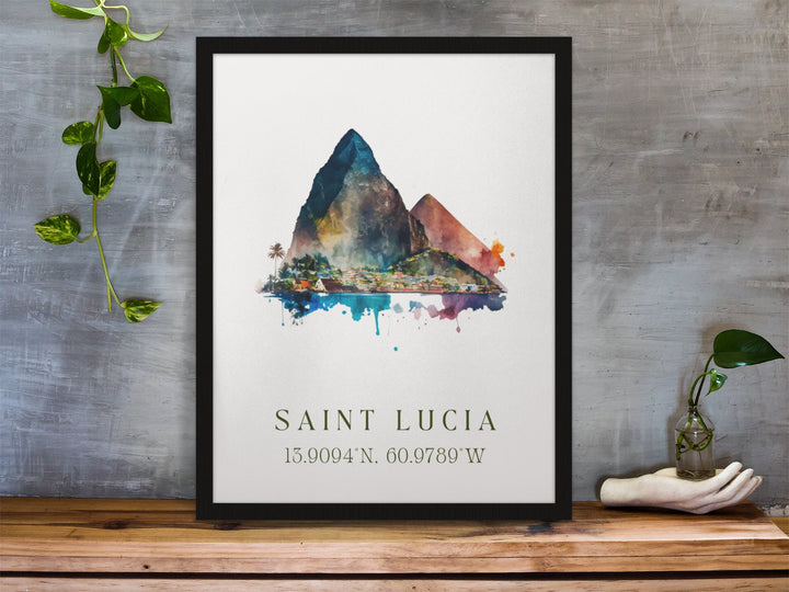 Watercolor Saint Lucia Pitons wall art in a black frame featuring the iconic twin volcanic peaks and a colorful Caribbean waterfront, a tropical island print.