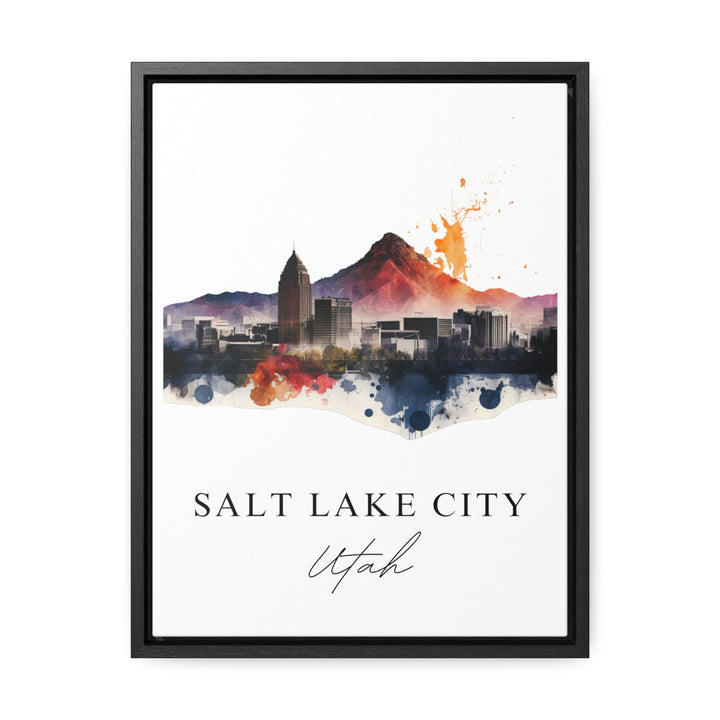 Salt Lake City Utah watercolor wall art in a black frame featuring the downtown skyline, mountain backdrop, and bold sunset-inspired colors.