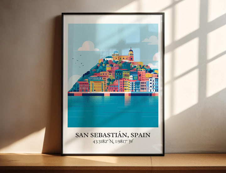 Colorful hillside overlooking tranquil bay waters.