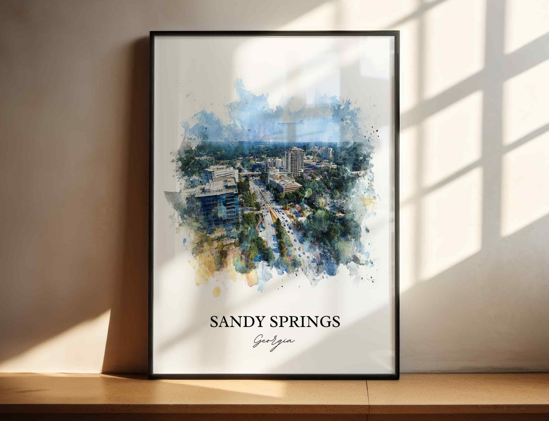 Sandy Springs Georgia watercolor wall art in a black frame featuring a scenic aerial view of the city with lush greenery and modern skyline.