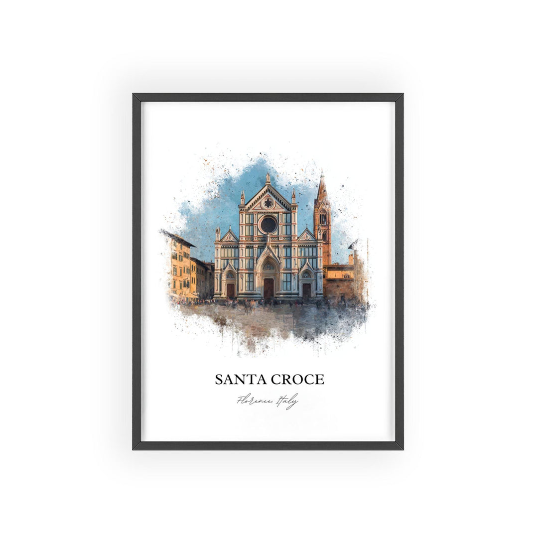 Santa Croce Florence Italy watercolor wall art in a black frame showcases the iconic basilica with vibrant architectural detail and artistic charm.