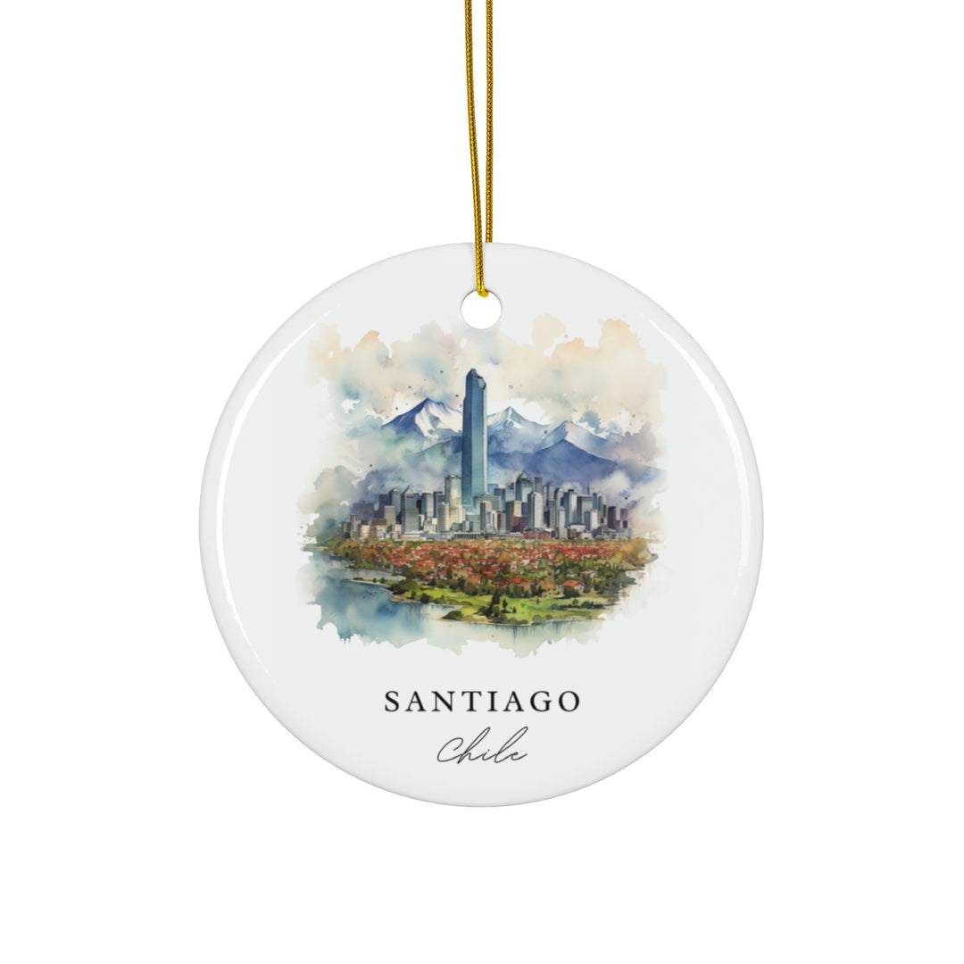 Santiago Chile holiday ornament with a white ceramic finish featuring the city skyline framed by the Andes Mountains and a gold hanging cord.