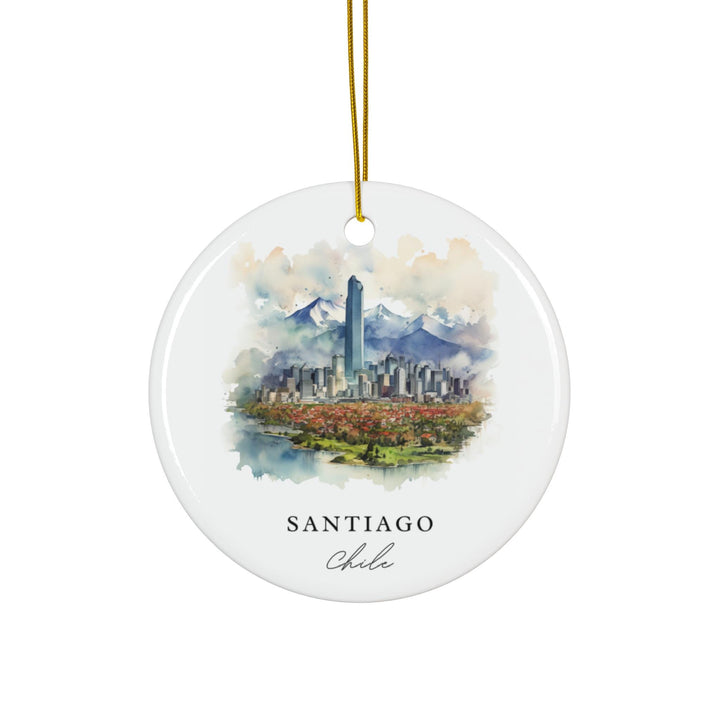 Santiago Chile holiday ornament with a white ceramic finish featuring the city skyline framed by the Andes Mountains and a gold hanging cord.