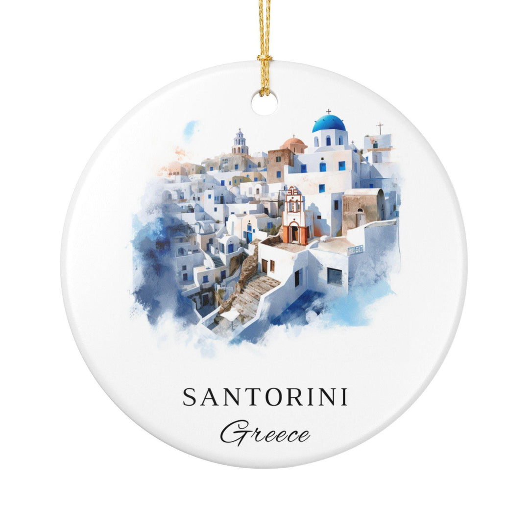 White ceramic Santorini Oia Blue Domes holiday ornament featuring iconic whitewashed buildings and blue-domed churches, a charming Greece travel keepsake.