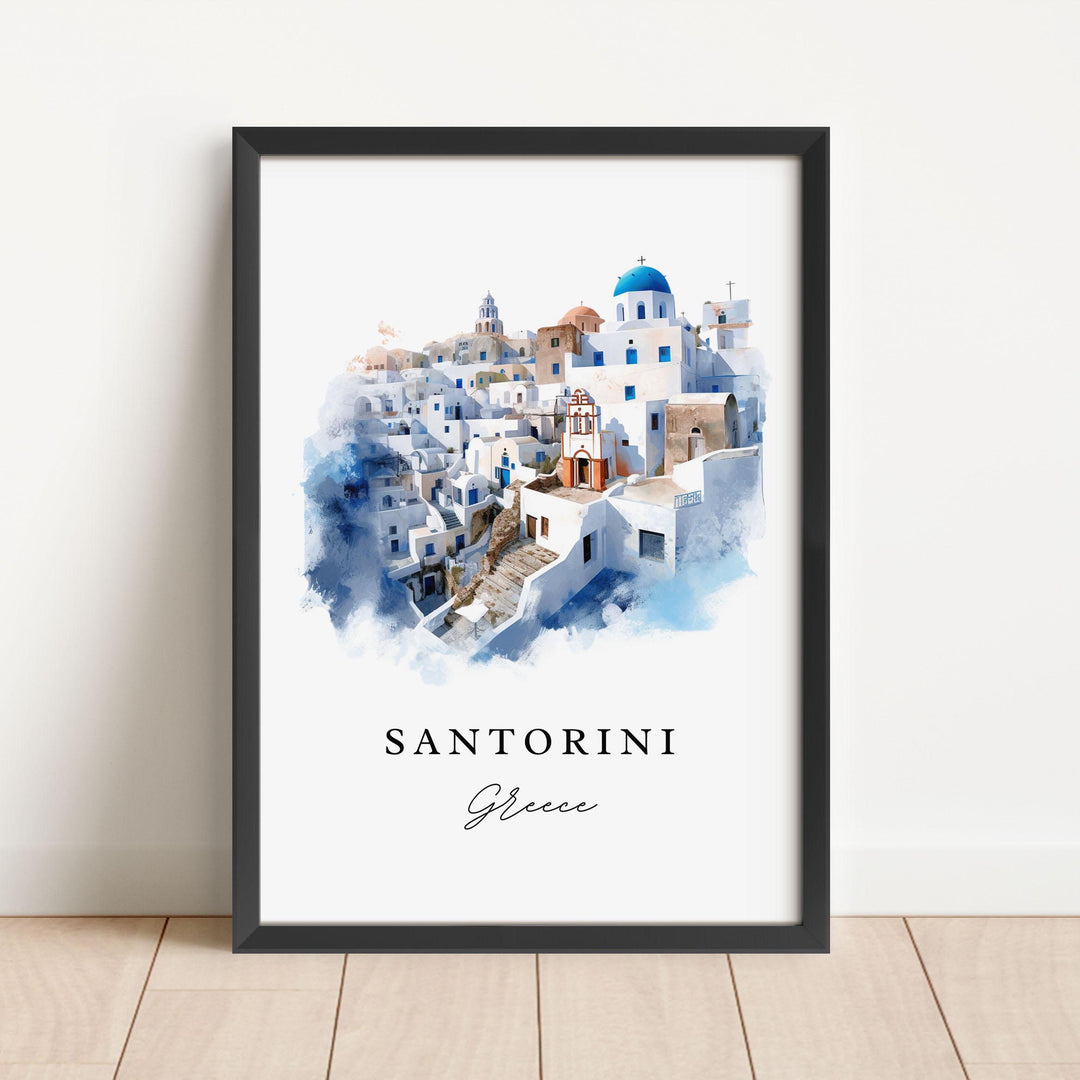 Watercolor Santorini Oia Blue Dome wall art in a black frame featuring iconic whitewashed buildings and blue-domed churches, a beautiful Greece travel print.