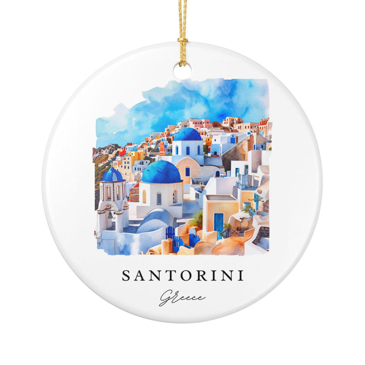 White ceramic Santorini Oia Blue Domes holiday ornament featuring iconic whitewashed buildings and vibrant blue domes, a beautiful Greece keepsake.