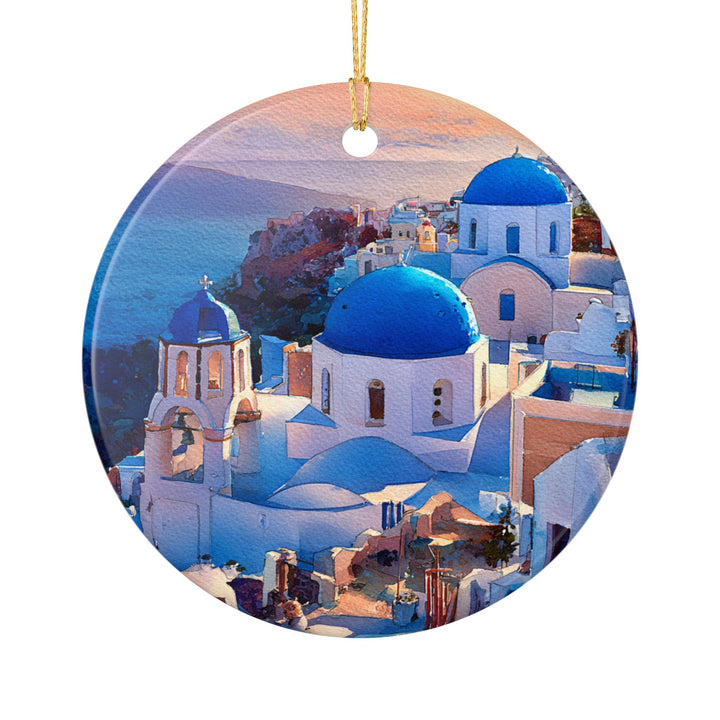 White ceramic Santorini Oia Blue Domes holiday ornament featuring iconic whitewashed churches overlooking the Aegean Sea, a beautiful Greece keepsake.