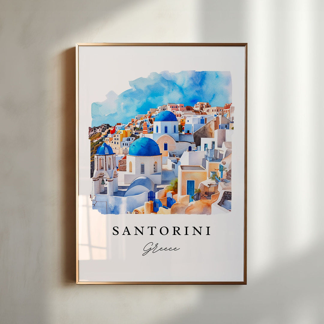 Watercolor Santorini Oia Blue Domes wall art in a light wood frame featuring iconic whitewashed buildings and blue-domed churches, a stunning Greece travel print.