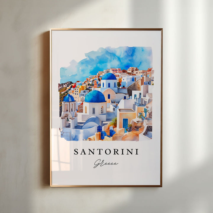 Watercolor Santorini Oia Blue Domes wall art in a light wood frame featuring iconic whitewashed buildings and blue-domed churches, a stunning Greece travel print.