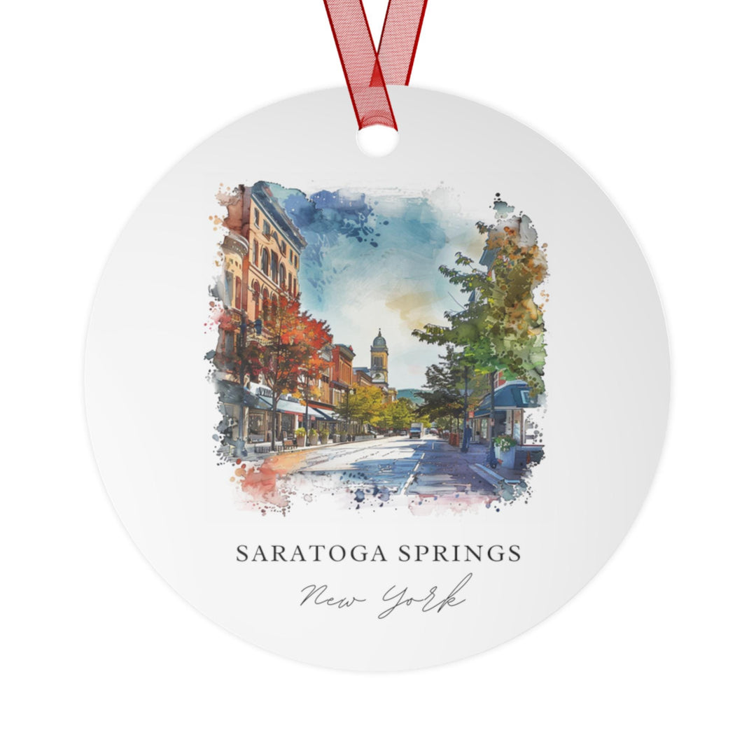 Celebrate the charm of Saratoga Springs with this beautiful ceramic ornament featuring a watercolor illustration of the city&