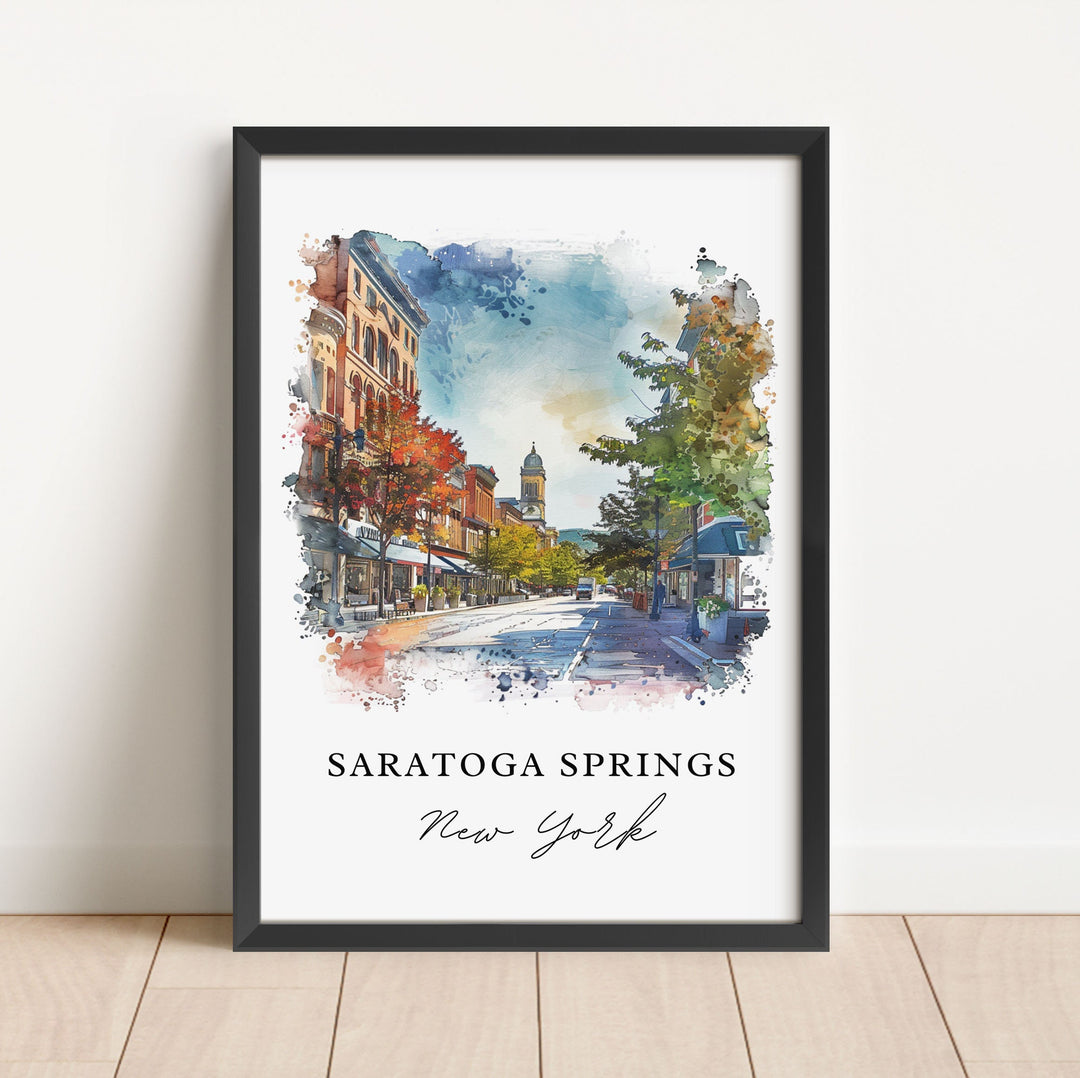 Beautiful Saratoga Springs New York watercolor painting featuring the charming downtown streetscape with historic architecture