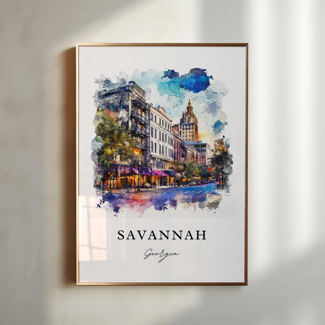 Savannah Georgia watercolor wall art in a gold frame featuring historic downtown streets, elegant architecture, and warm evening colors with charming city views.