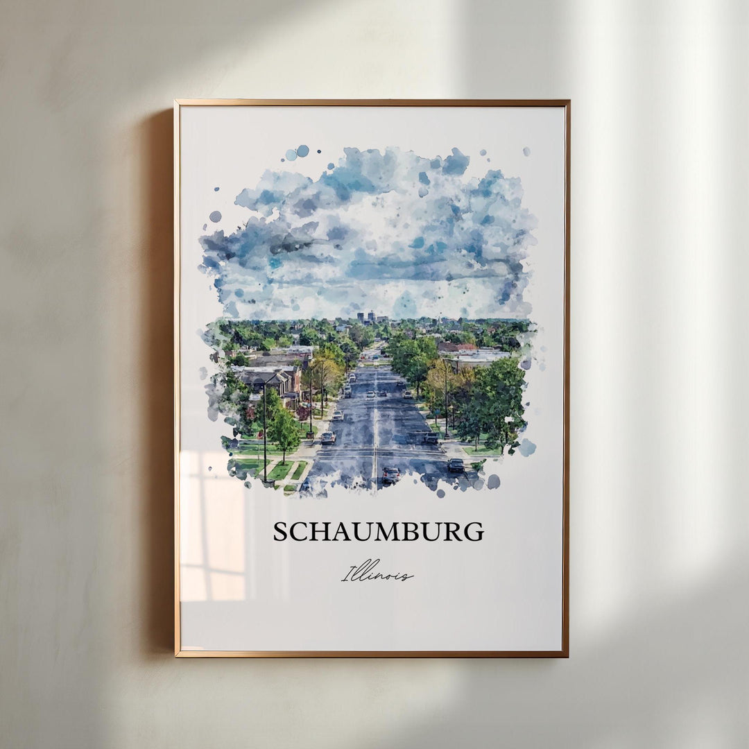 Schaumburg Illinois watercolor wall art featuring a scenic suburban streetscape with vibrant watercolor detail in a timeless hometown design.
