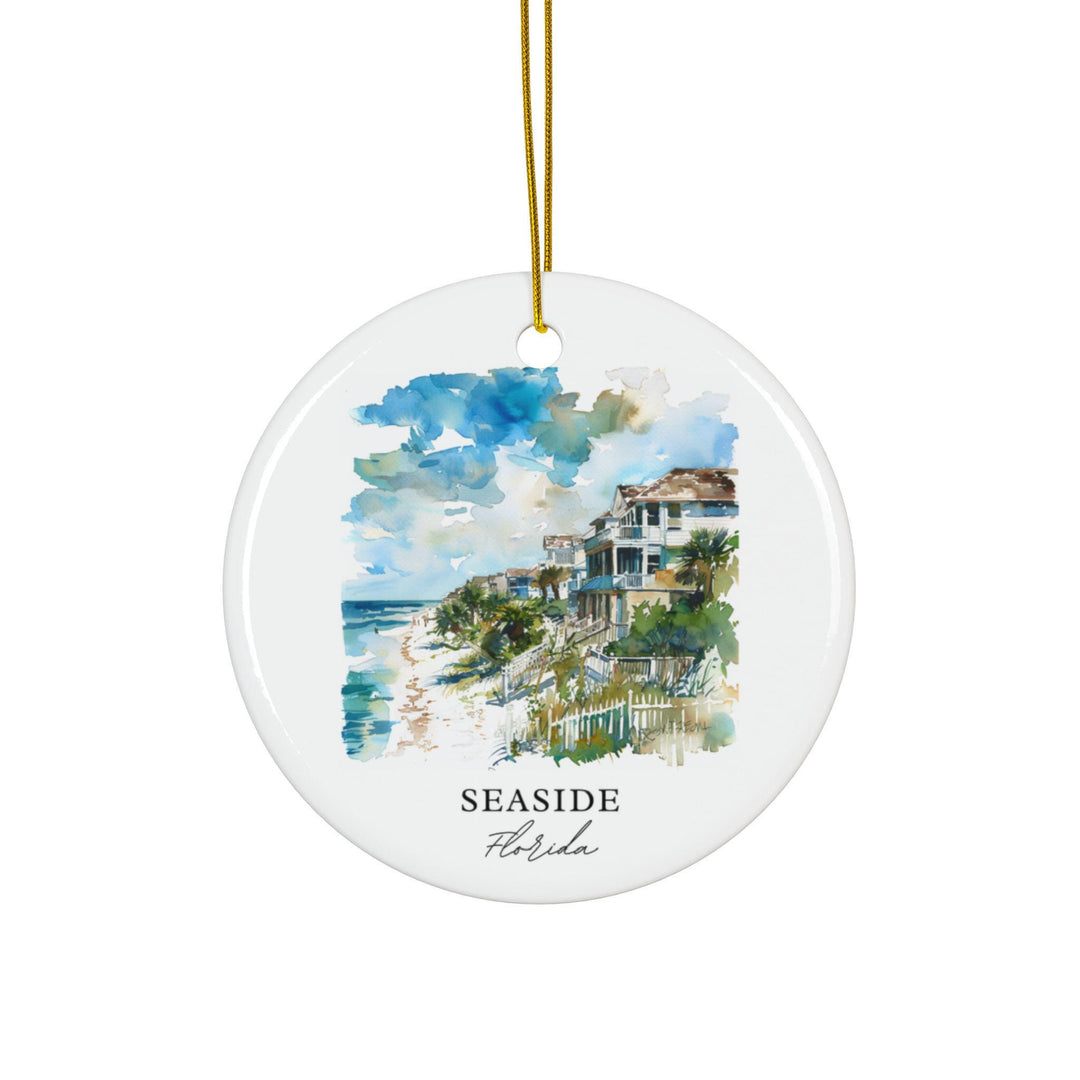 Seaside Florida white holiday ornament featuring a watercolor beachfront with charming coastal homes, sandy shores, and emerald Gulf waters.