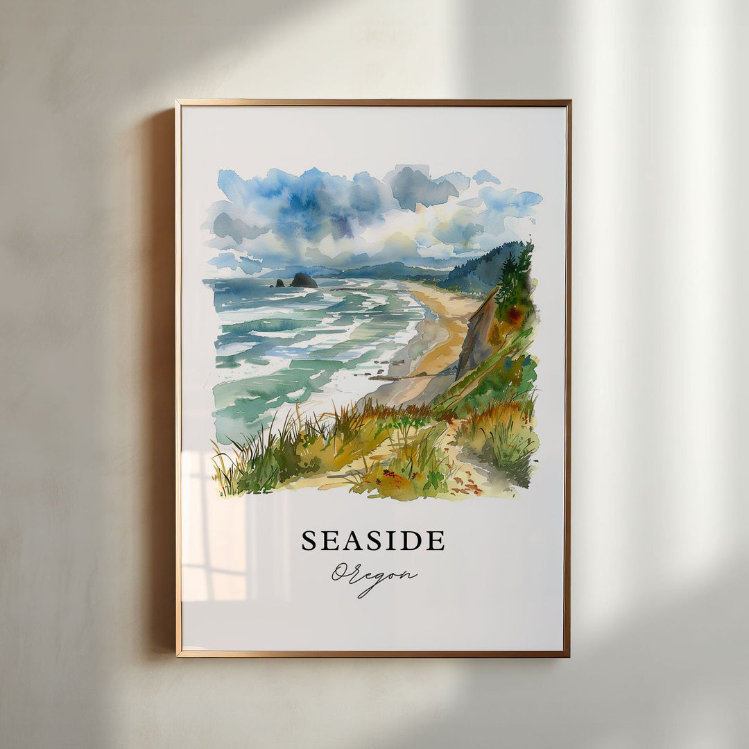 Seaside Oregon watercolor wall art in a gold frame featuring a scenic Pacific coastline, rolling waves, sandy beaches, and lush coastal bluffs.