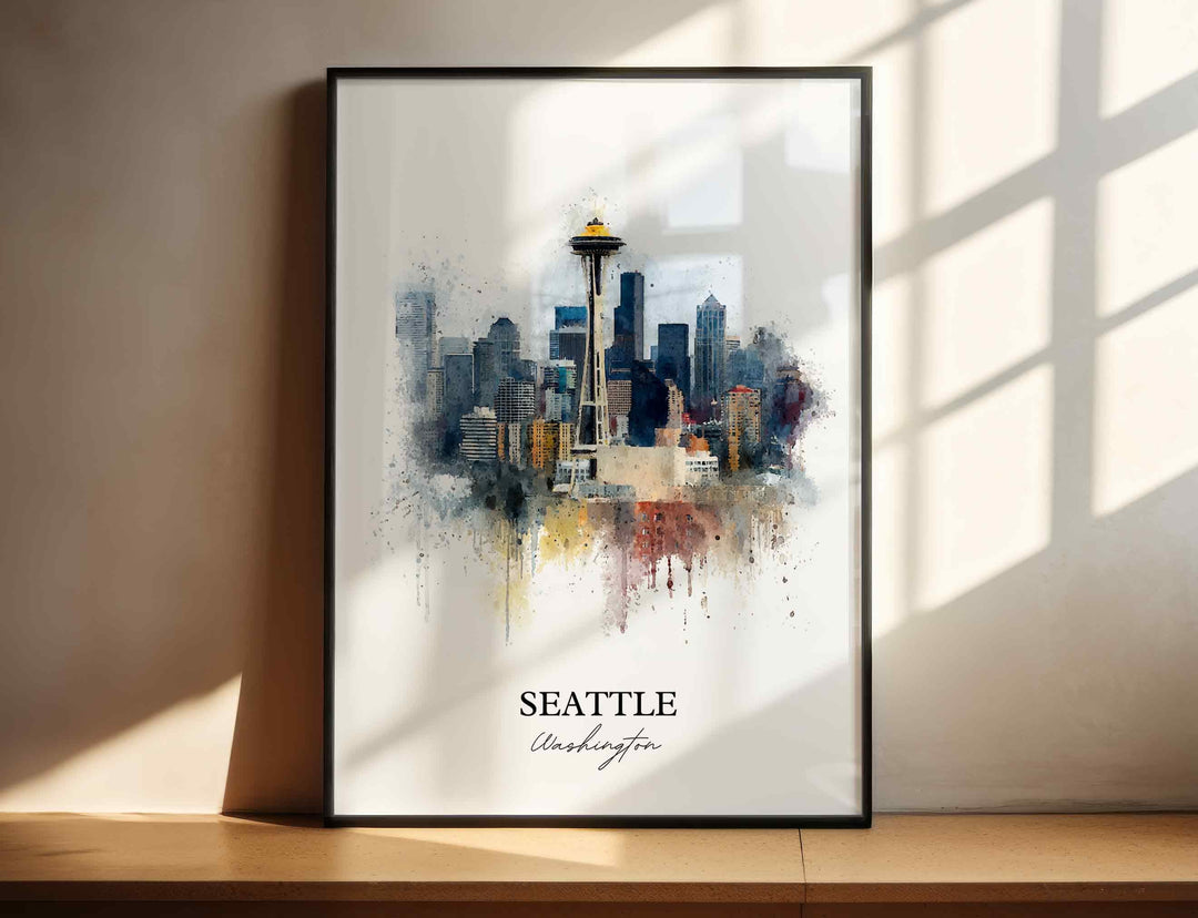 Watercolor Seattle wall art in a black frame featuring the Space Needle and downtown skyline, a vibrant Washington city print.