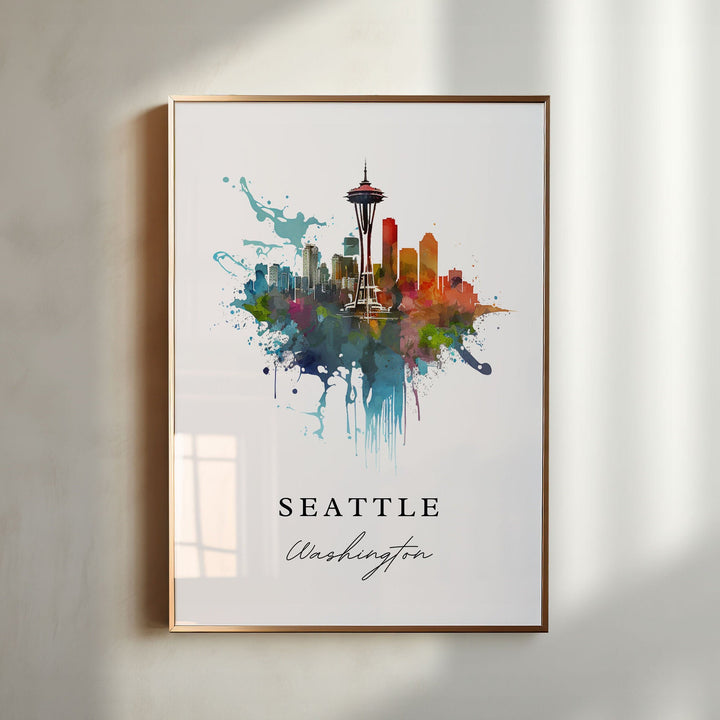 Watercolor Seattle wall art in a light wood frame featuring the Space Needle and vibrant downtown skyline, a colorful Washington city print.