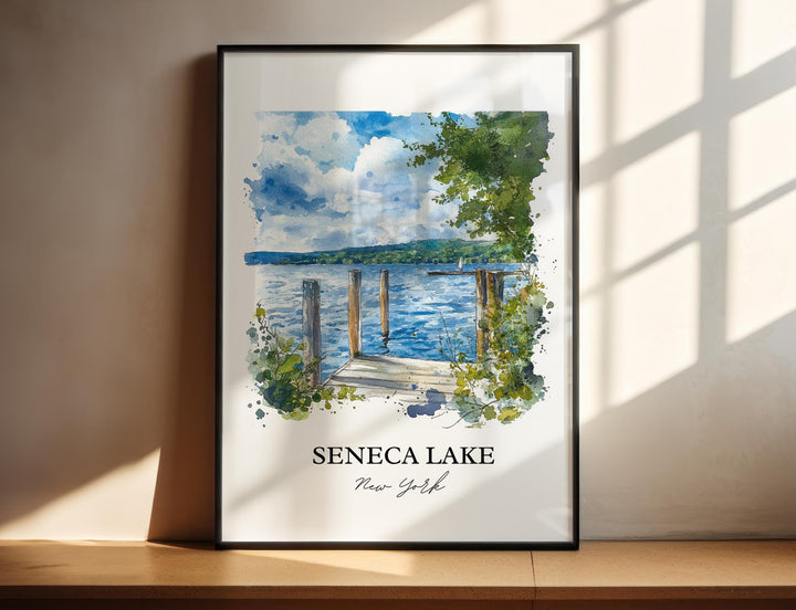 Beautiful Seneca Lake New York watercolor painting featuring a peaceful lakeside dock.