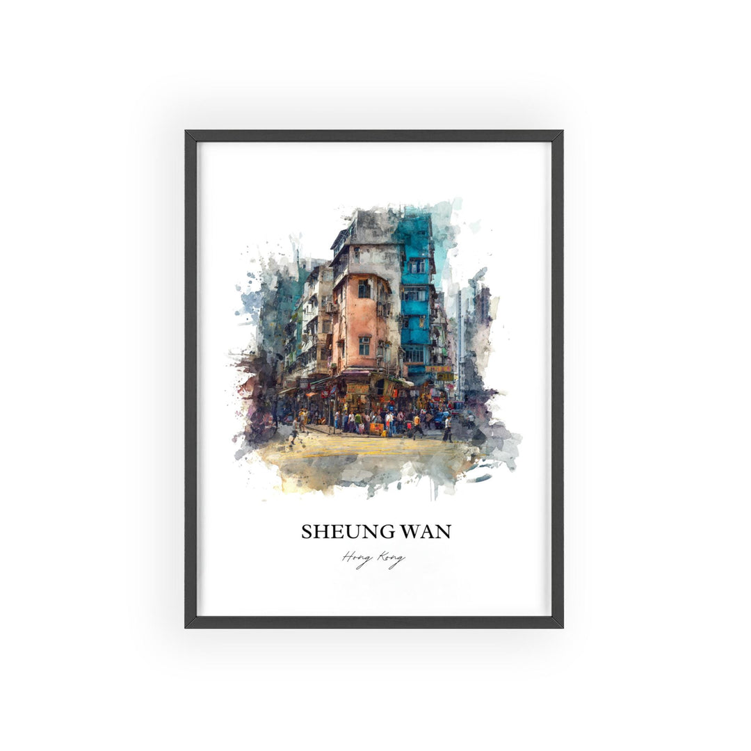 Sheung Wan Hong Kong watercolor wall art in a black frame highlights colorful corner buildings and lively neighborhood streets.