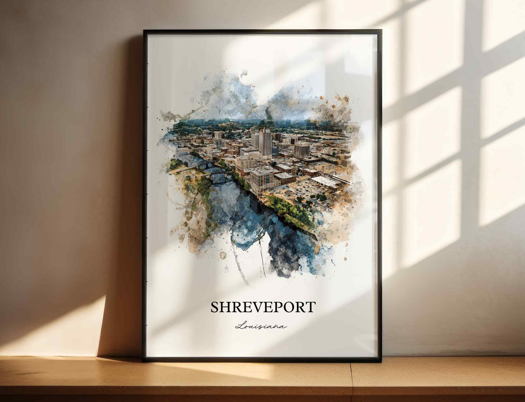 Shreveport Louisiana watercolor wall art featuring the Red River and downtown skyline in an elegant print for home or office décor.