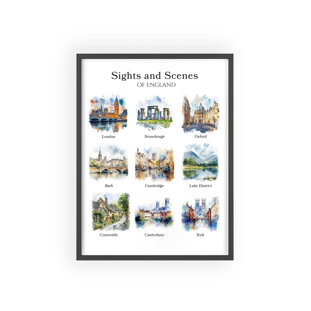 Celebrate the timeless beauty of England with this elegant watercolor collage featuring nine of the country's most iconic destinations. Showcasing London, Stonehenge, Oxford, Bath, Cambridge, the Lake District, the Cotswolds, Canterbury, and York, this artwork captures England's rich history, breathtaking landscapes, and architectural heritage in a classic watercolor style. Perfect for travelers, Anglophiles, history enthusiasts, and anyone who loves England, this print makes a beautiful addition to home dé