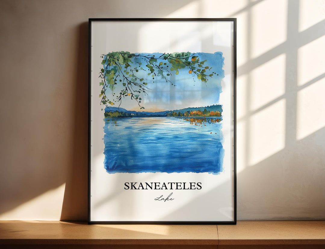 Serene Skaneateles Lake New York watercolor painting featuring crystal-clear blue waters and peaceful shoreline views.