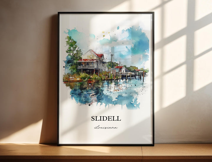 Slidell Louisiana watercolor wall art featuring scenic waterfront homes and bayou charm in a timeless coastal décor print.