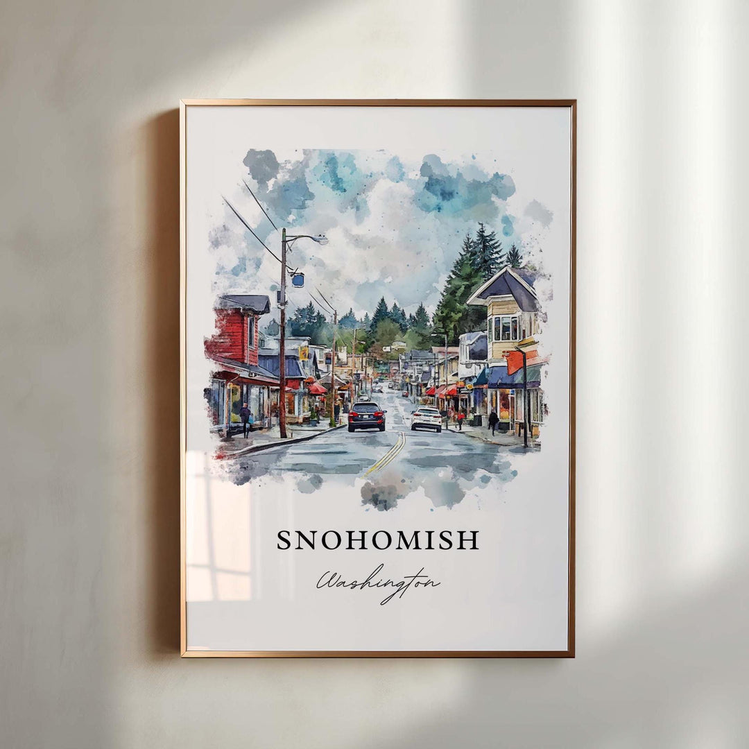 Watercolor Snohomish wall art in a light wood frame featuring the historic downtown main street, a charming Washington small town print.