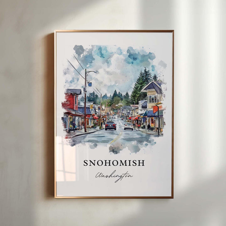 Watercolor Snohomish wall art in a light wood frame featuring the historic downtown main street, a charming Washington small town print.