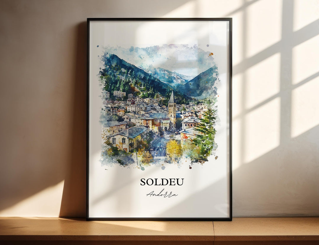 Soldeu Andorra watercolor wall art in a black frame featuring a charming mountain village with alpine peaks and scenic watercolor details.