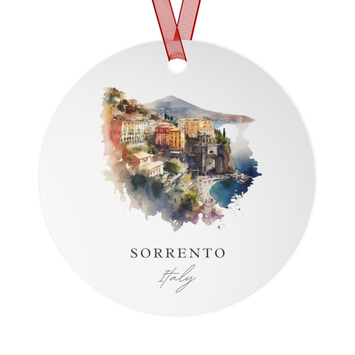 Sorrento Italy holiday ornament with a white ceramic finish featuring colorful cliffside buildings, a sparkling seaside cove, and a red hanging ribbon.