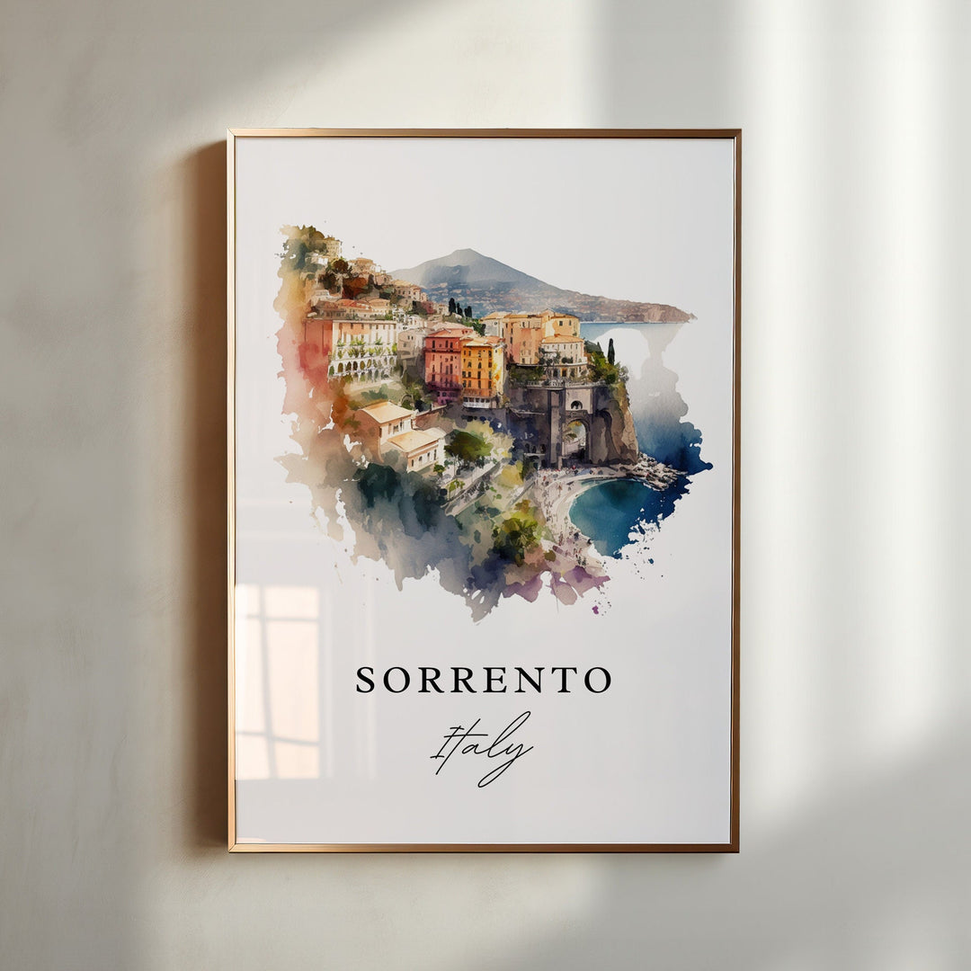 Sorrento Italy watercolor wall art in a gold frame captures the colorful cliffside town overlooking the Bay of Naples with coastal elegance.