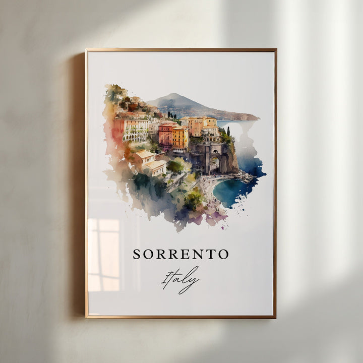 Sorrento Italy watercolor wall art in a gold frame captures the colorful cliffside town overlooking the Bay of Naples with coastal elegance.