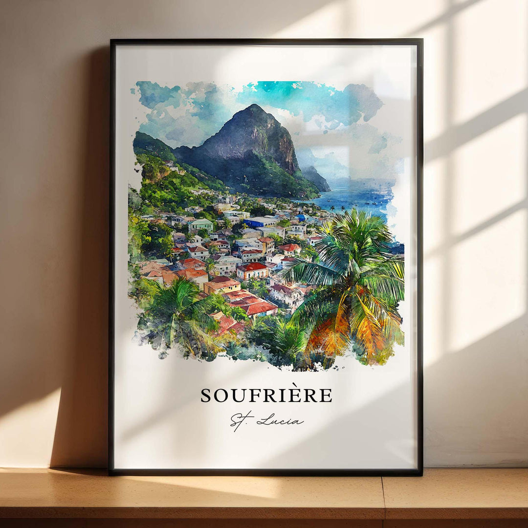 Watercolor Soufrière Piton Bay wall art in a black frame featuring the iconic Piton, colorful hillside village, and Caribbean coast, a vibrant St. Lucia print.