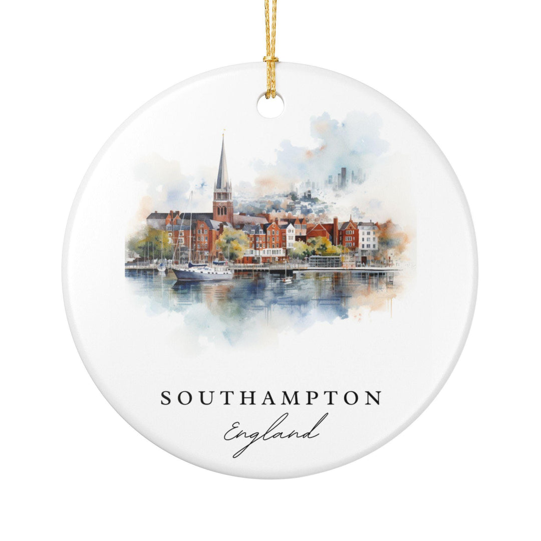 Celebrate the maritime heritage and waterfront beauty of Southampton with this watercolor ceramic ornament. Featuring the city&