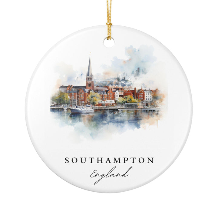 Celebrate the maritime heritage and waterfront beauty of Southampton with this watercolor ceramic ornament. Featuring the city&