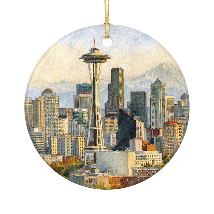 White ceramic Space Needle Seattle holiday ornament featuring the iconic skyline with Mount Rainier, a beautiful Washington keepsake for home décor.