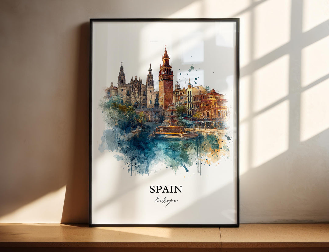 Spain Europe watercolor wall art in a black frame showcases a grand historic plaza with ornate architecture and a vibrant fountain.