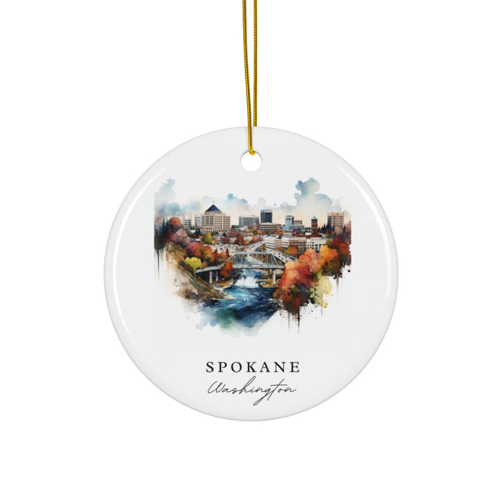 Spokane Washington white holiday ornament featuring a watercolor downtown skyline, river bridge, and colorful autumn scenery for holiday décor.