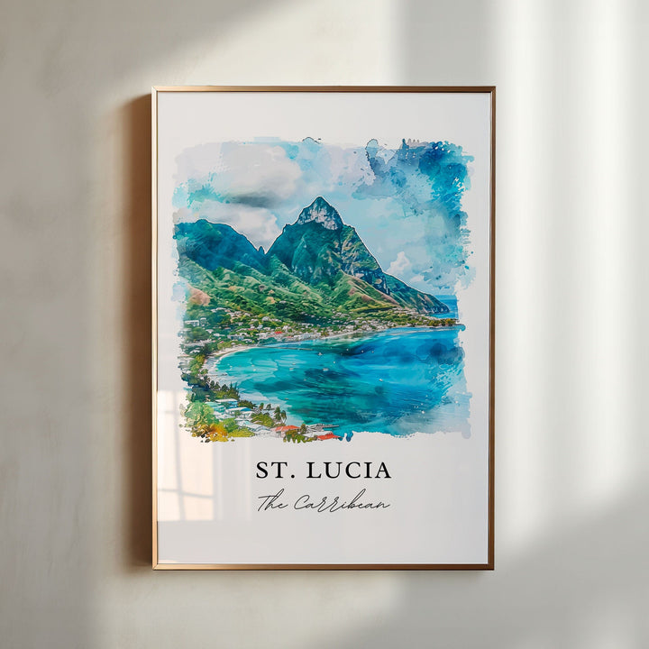 Watercolor St. Lucia Pitons coastal wall art in a light wood frame featuring the iconic twin peaks and turquoise Caribbean bay, a vibrant island print.