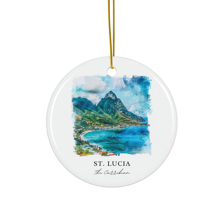 White ceramic St. Lucia Pitons holiday ornament featuring the iconic twin peaks overlooking a turquoise Caribbean bay, a tropical island keepsake.
